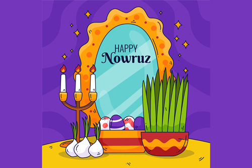 وکتور EPS و Ai کارتونی لایه باز سفره هفت سین شامل آینه و سبزه و تخم مرغ رنگی و شمع و سیر ویژه عید نوروز 